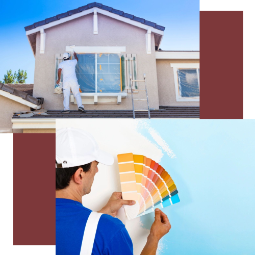 A man holding a bucket of paint next to a wall.